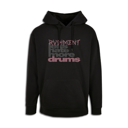 Less Hate More Drums Hoodie für Drummer - Unisex Oversize Fit - Vorderansicht | RVDIMENT Drummer Apparel
