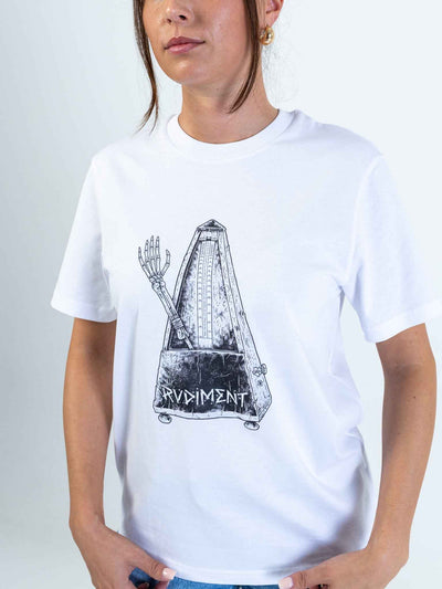 Metronome Unisex T-Shirt for Drummers - Model Side View | RVDIMENT Drummer Apparel