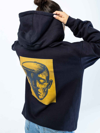 Rhythm Cortex Hoodie for Drummers - Oversized Unisex Fit - Model Back Side View | RVDIMENT Drummer Apparel