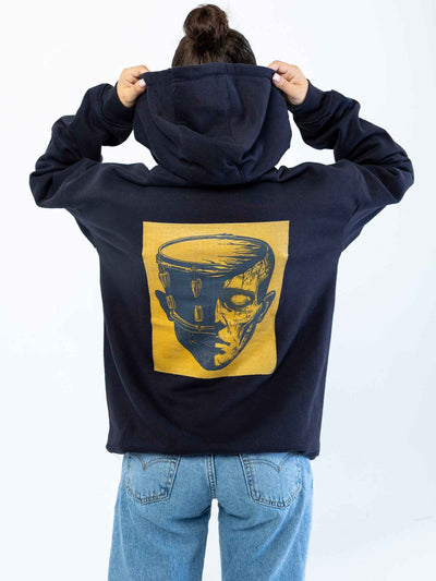 Rhythm Cortex Hoodie for Drummers - Oversized Unisex Fit - Model Back View | RVDIMENT Drummer Apparel