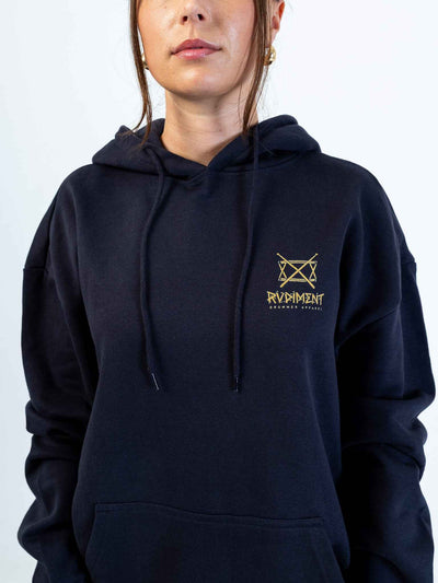 Rhythm Cortex Hoodie for Drummers - Oversized Unisex Fit - Model Front View | RVDIMENT Drummer Apparel