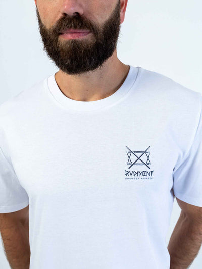 Snare Drum Logo Unisex T-Shirt for Drummers - Model Side View | RVDIMENT Drummer Apparel