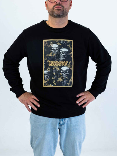 Snare Drum Skull Men's Sweatshirt for Drummers - Model Front View | RVDIMENT Drummer Apparel
