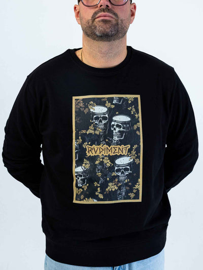 Snare Drum Skull Men's Sweatshirt for Drummers - Model Front View Close-Up | RVDIMENT Drummer Apparel