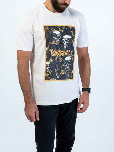 Snare Drum Skull Unisex T-Shirt for Drummers - Model Front View Close-Up | RVDIMENT Drummer Apparel